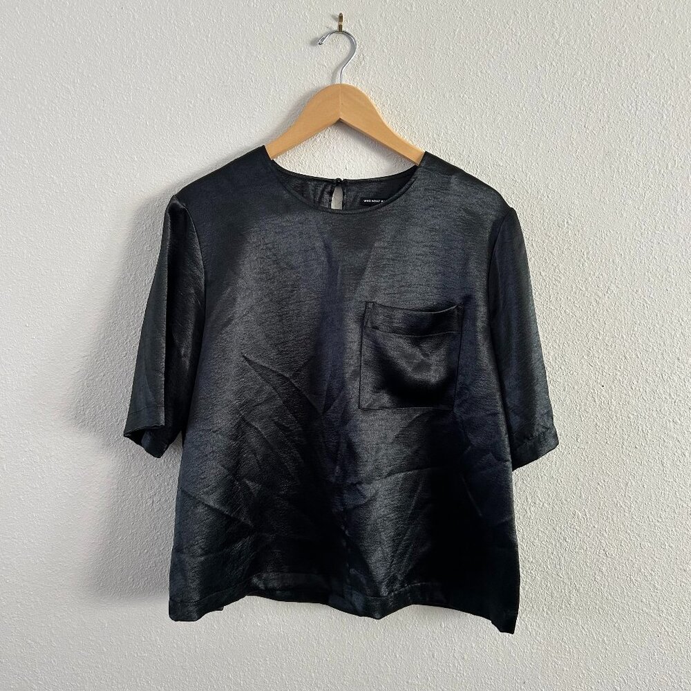 Who What Wear Black Satin Pocket Blouse Minimalist Short Sleeve Top
